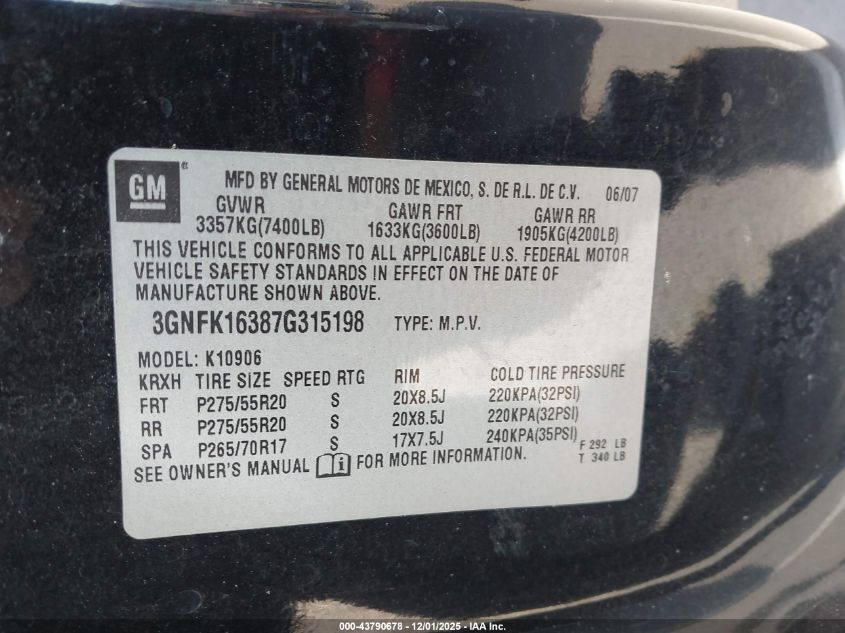 2007 Chevrolet Suburban 1500 Ltz VIN: 3GNFK16387G315198 Lot: 43790678