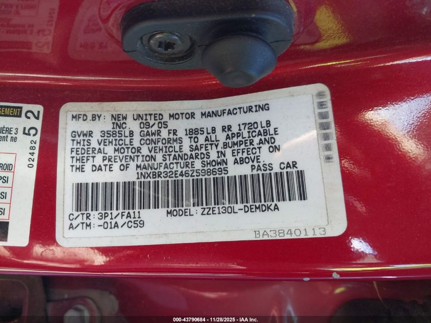 2006 Toyota Corolla Ce VIN: 1NXBR32E46Z598695 Lot: 43790684