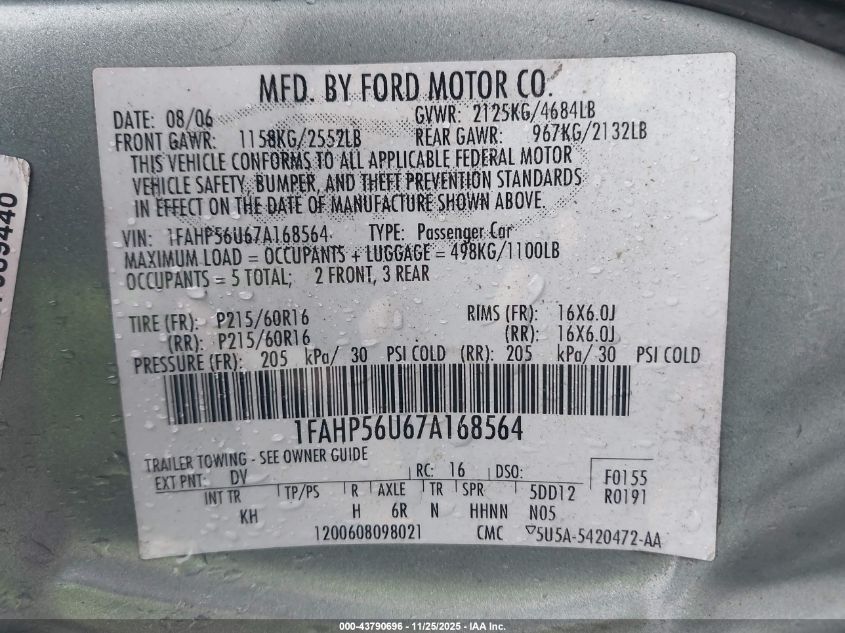 2007 Ford Taurus Sel VIN: 1FAHP56U67A168564 Lot: 43790696