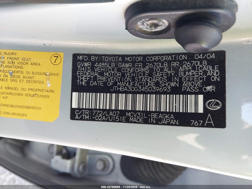 2004 Lexus Es 330 VIN: JTHBA30G345039693 Lot: 43790699