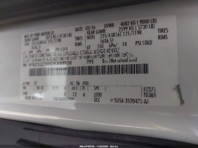 2016 Ford Transit-350 Xlt VIN: 1FBZX2ZM9GKA88926 Lot: 43790705