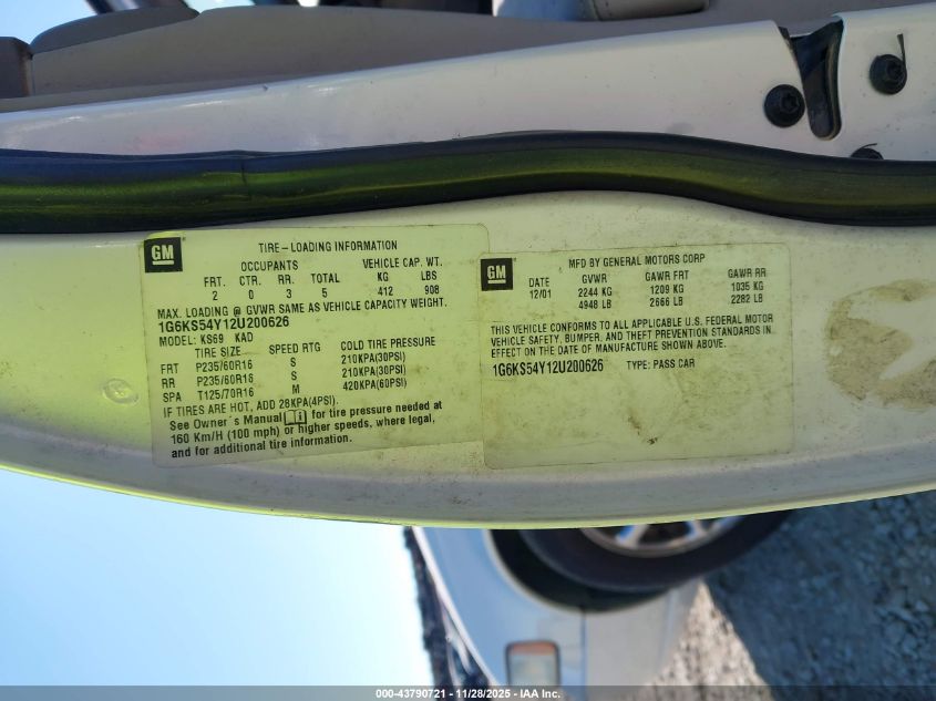 2002 Cadillac Seville Sls VIN: 1G6KS54Y12U200626 Lot: 43790721