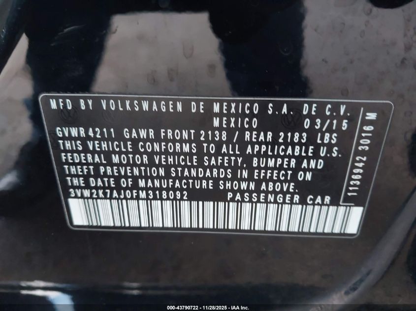 2015 Volkswagen Jetta 2.0L S VIN: 3VW2K7AJ0FM318092 Lot: 43790722