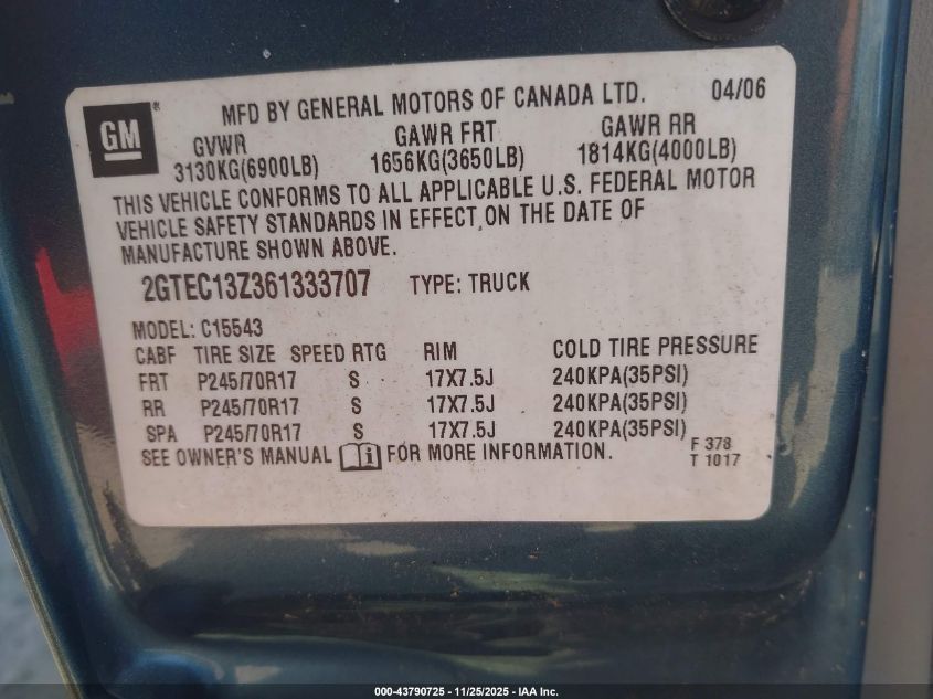 2006 GMC Sierra 1500 Slt VIN: 2GTEC13Z361333707 Lot: 43790725