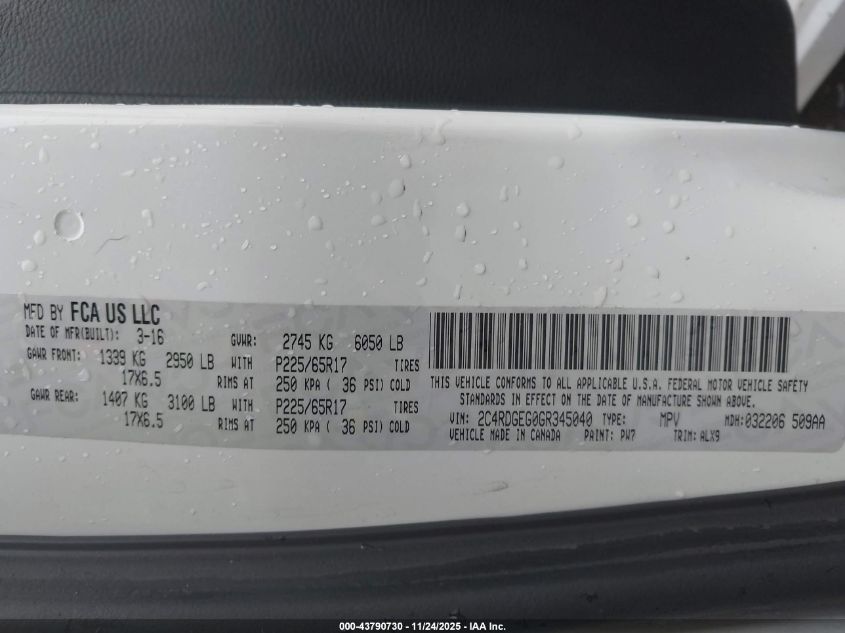 2016 Dodge Grand Caravan R/T VIN: 2C4RDGEG0GR345040 Lot: 43790730