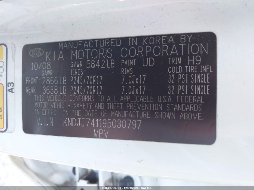 2009 Kia Borrego Lx VIN: KNDJJ741195030797 Lot: 43790733