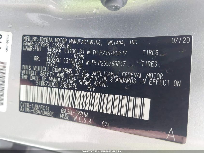 2020 Toyota Sienna Le VIN: 5TDKZ3DC9LS080470 Lot: 43790735