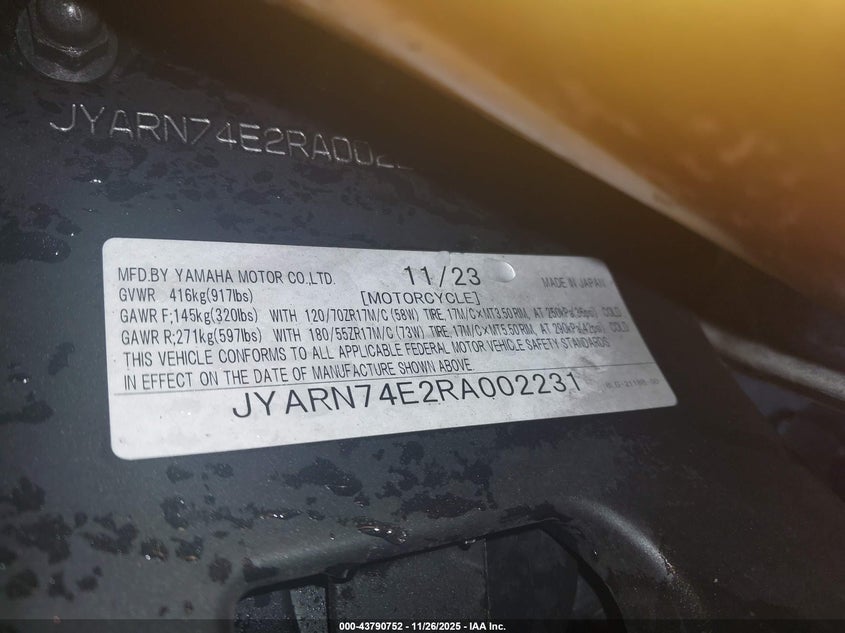 2024 Yamaha Mtt09 Gt VIN: JYARN74E2RA002231 Lot: 43790752