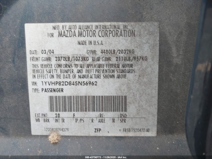 2004 Mazda Mazda6 S VIN: 1YVHP82D845N56962 Lot: 43790773