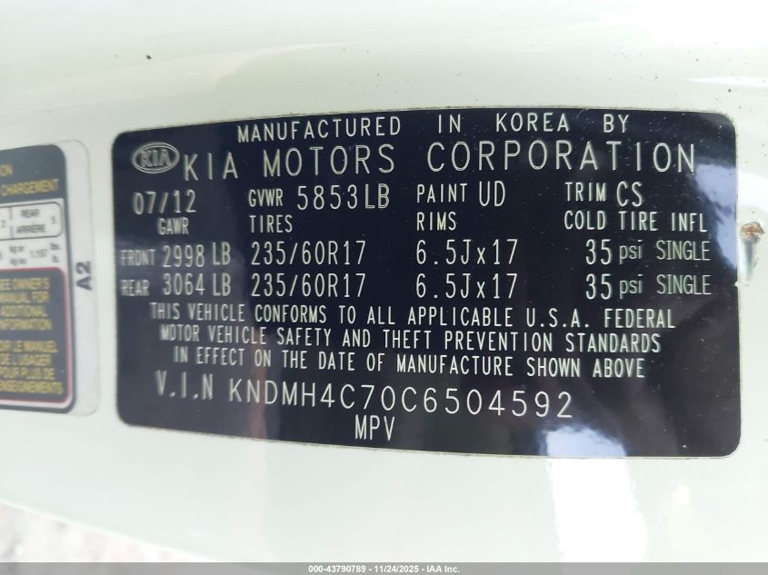 2012 Kia Sedona Ex VIN: KNDMH4C70C6504592 Lot: 43790789