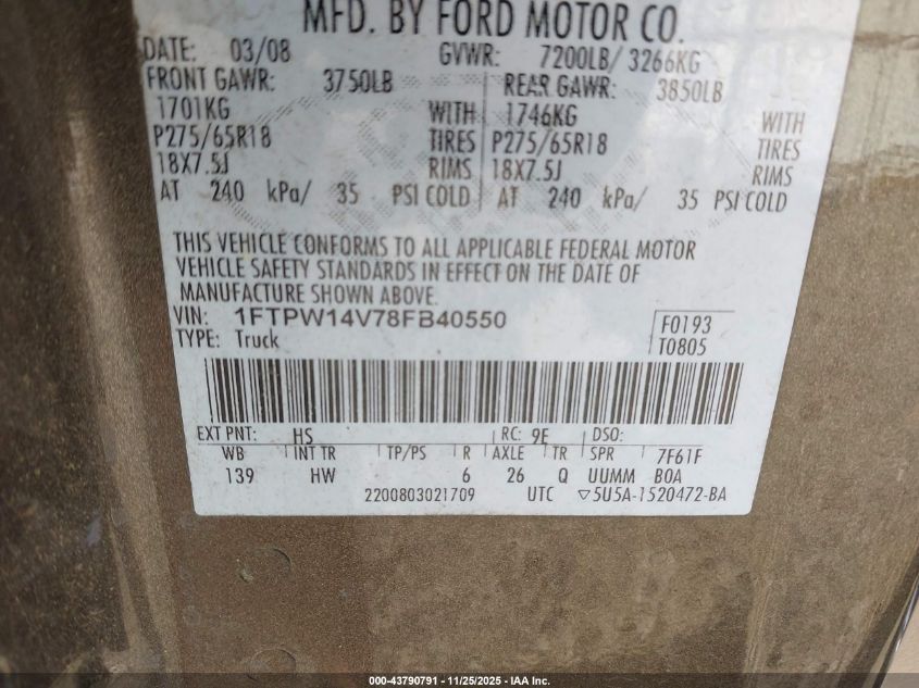 2008 Ford F-150 Lariat VIN: 1FTPW14V78FB40550 Lot: 43790791