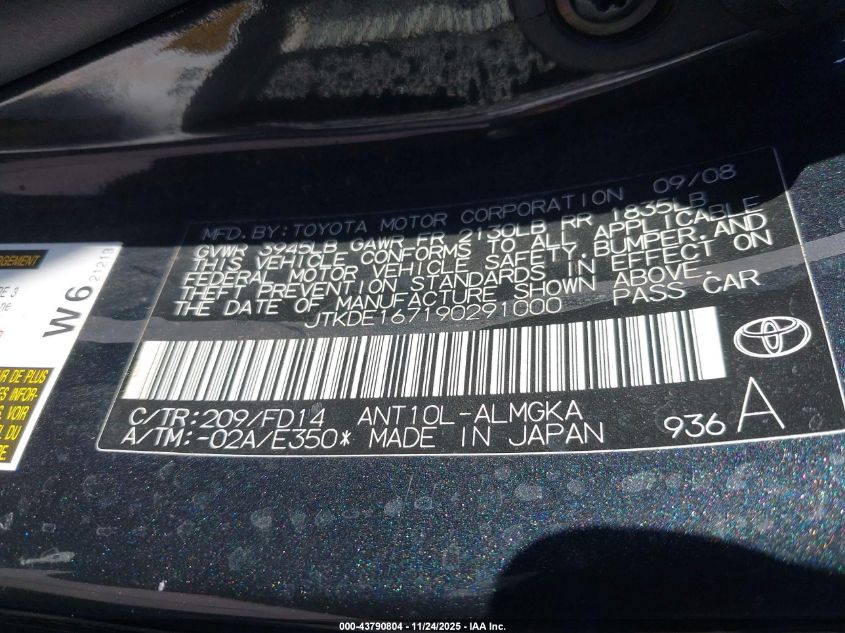 2009 Scion Tc VIN: JTKDE167190291000 Lot: 43790804