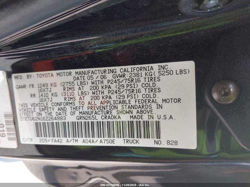 2006 Toyota Tacoma Prerunner V6 VIN: 5TETU62N16Z264883 Lot: 43790806