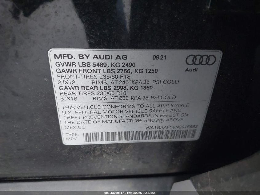 2022 Audi Q5 Premium 45 Tfsi S Line Quattro S Tronic VIN: WA1GAAFY9N2018663 Lot: 43790817