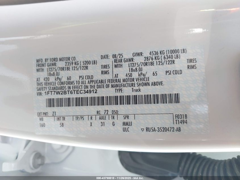 2026 Ford F-250 Lariat VIN: 1FT7W2BT6TEC34912 Lot: 43790818