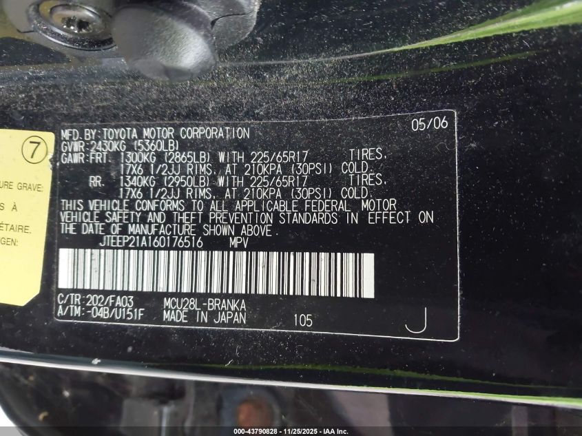 2006 Toyota Highlander Sport V6 VIN: JTEEP21A160176516 Lot: 43790828