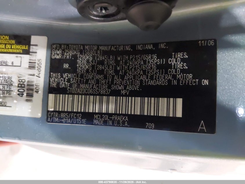 2006 Toyota Sienna Le VIN: 5TDZA23C06S578837 Lot: 43790835