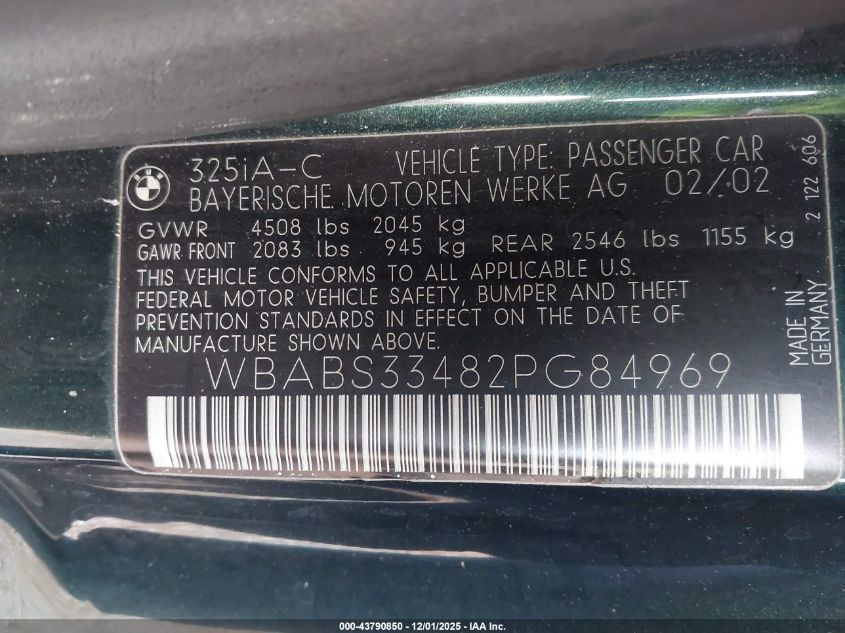 2002 BMW 325Ci VIN: WBABS33482PG84969 Lot: 43790850