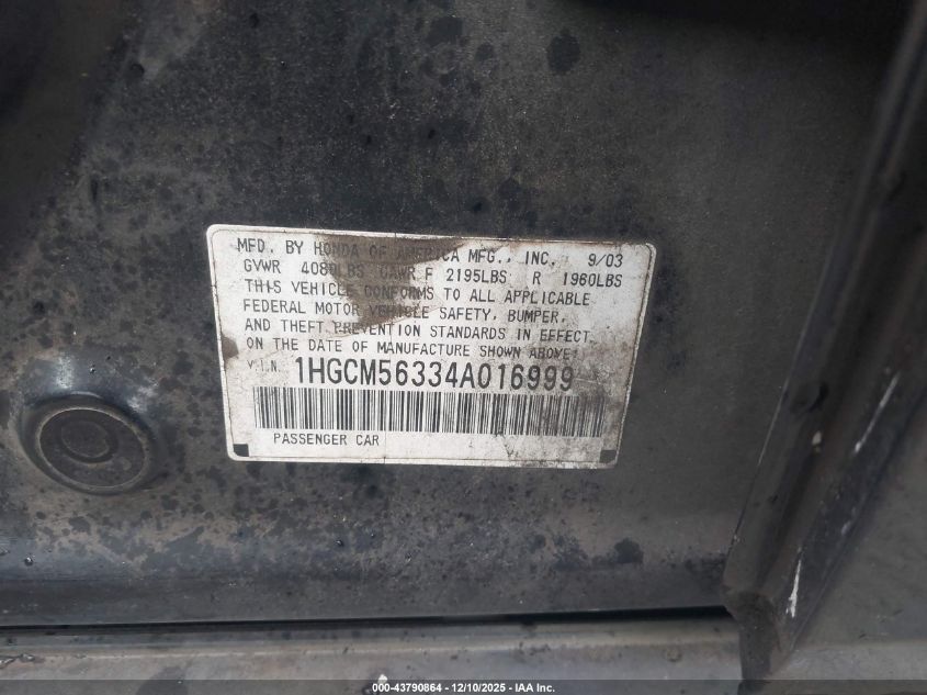 2004 Honda Accord 2.4 Lx VIN: 1HGCM56334A016999 Lot: 43790864