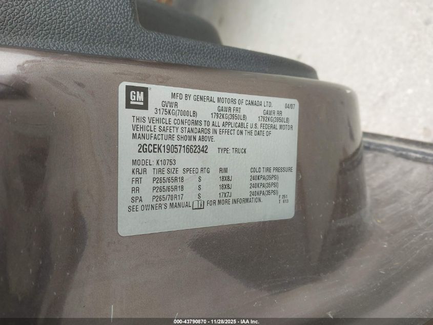 2007 Chevrolet Silverado 1500 Lt1 VIN: 2GCEK190571662342 Lot: 43790870