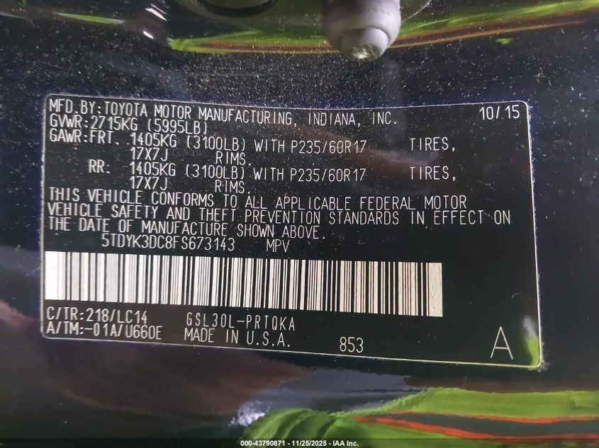 2015 Toyota Sienna Xle 8 Passenger VIN: 5TDYK3DC8FS673143 Lot: 43790871