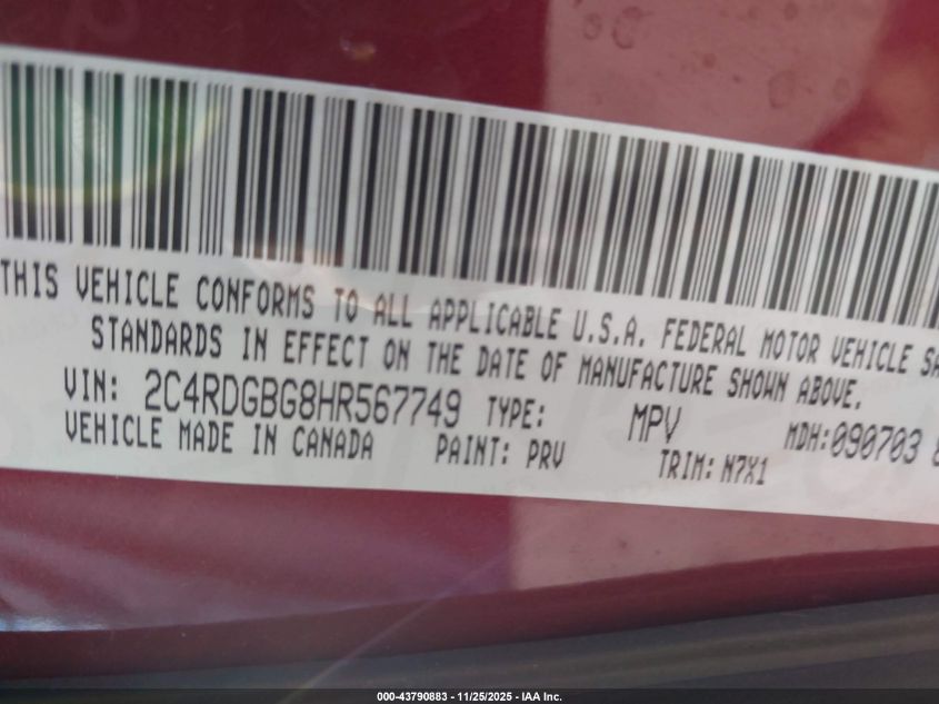 2017 Dodge Grand Caravan Se Plus VIN: 2C4RDGBG8HR567749 Lot: 43790883