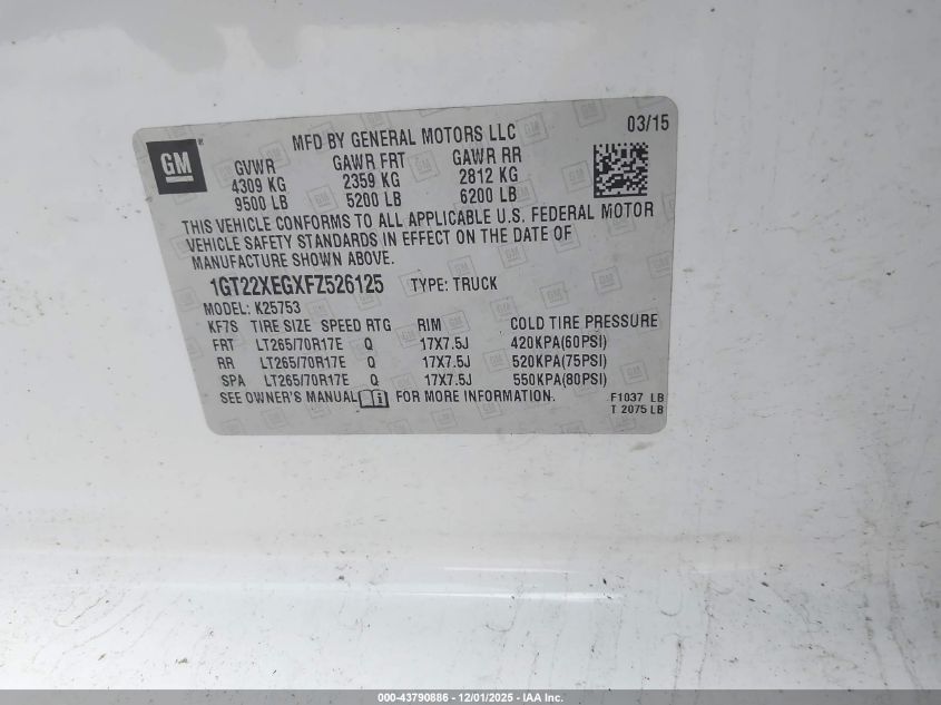 2015 GMC Sierra 2500Hd VIN: 1GT22XEGXFZ526125 Lot: 43790886