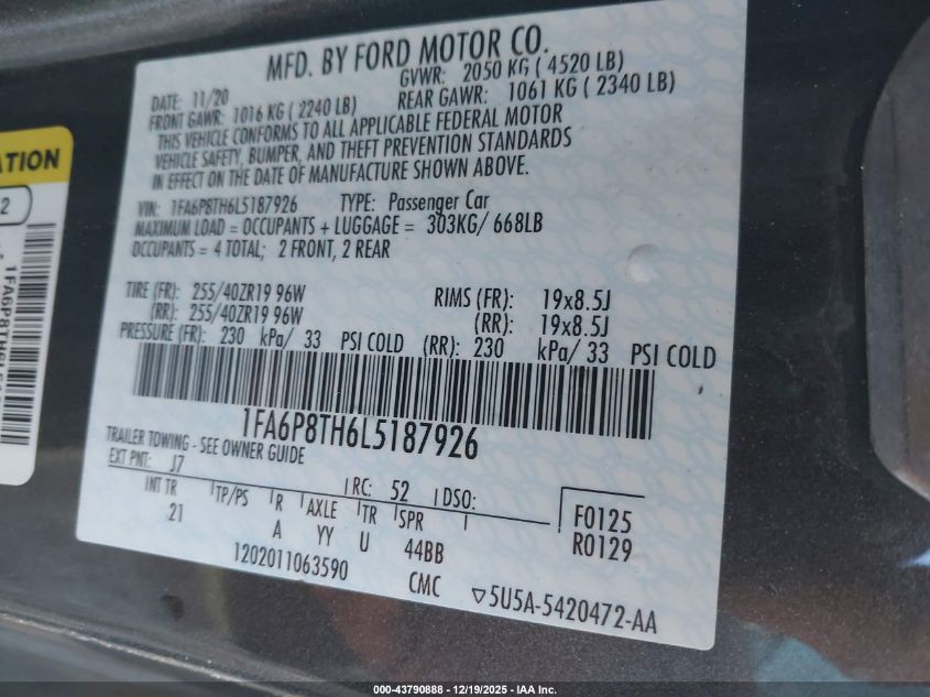 2020 Ford Mustang Ecoboost Fastback VIN: 1FA6P8TH6L5187926 Lot: 43790888