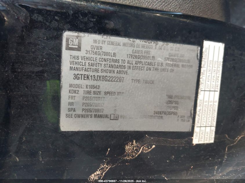 2008 GMC Sierra 1500 Slt VIN: 3GTEK13JX8G222207 Lot: 43790887