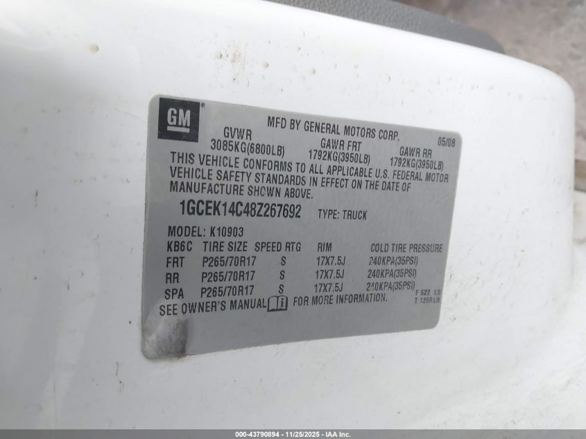 2008 Chevrolet Silverado 1500 Work Truck VIN: 1GCEK14C48Z267692 Lot: 43790894