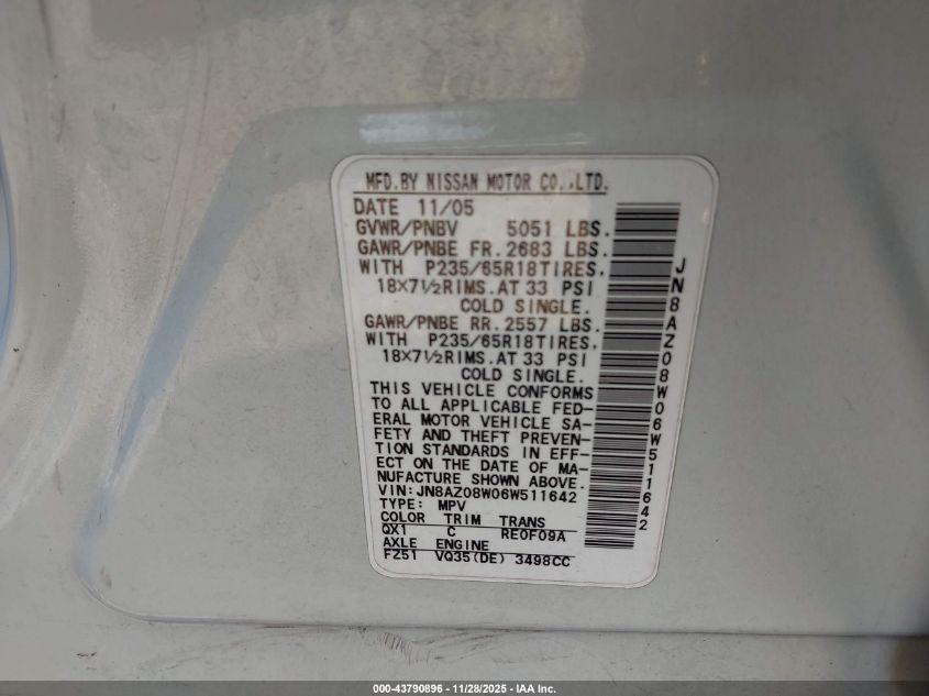 2006 Nissan Murano Sl VIN: JN8AZ08W06W511642 Lot: 43790896