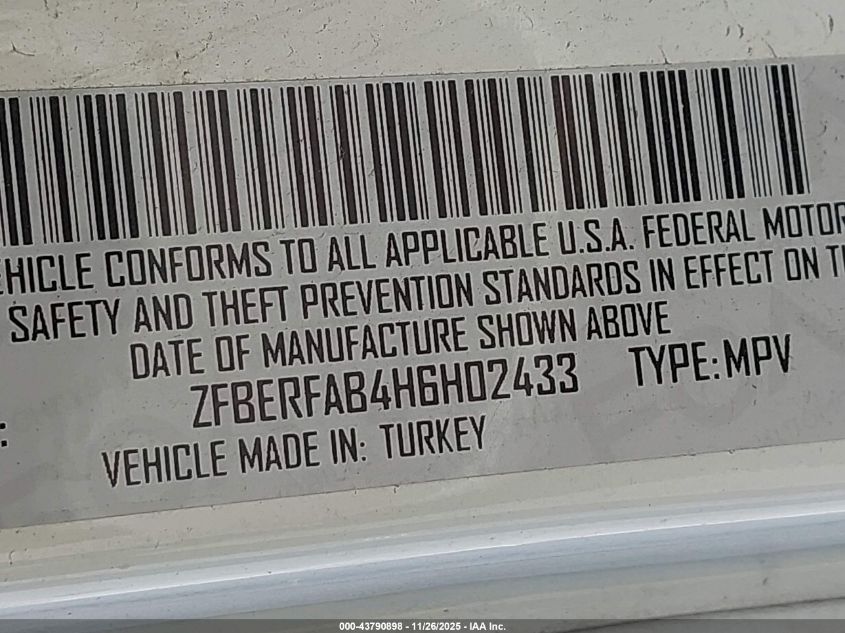 2017 Ram Promaster City Tradesman VIN: ZFBERFAB4H6H02433 Lot: 43790898