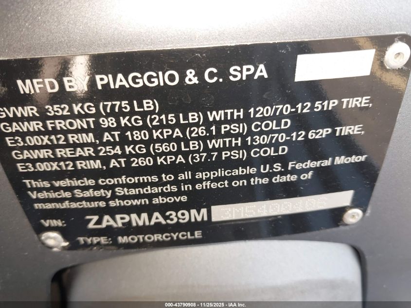 2021 Piaggio Other VIN: ZAPMA39M3M5400406 Lot: 43790908