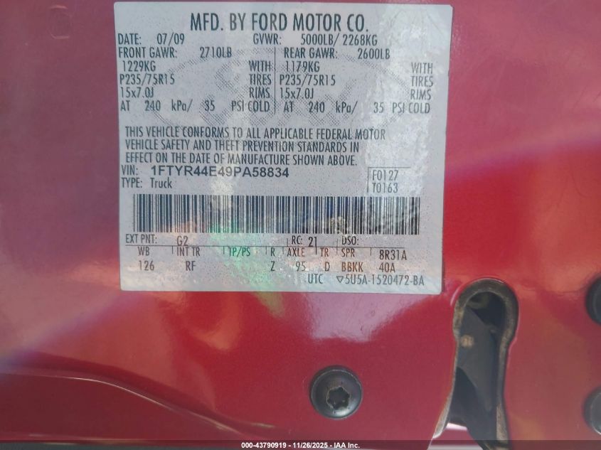 2009 Ford Ranger Sport/Xlt VIN: 1FTYR44E49PA58834 Lot: 43790919