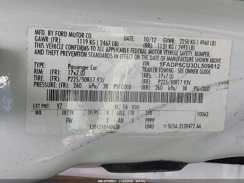 2013 Ford C-Max Energi Sel VIN: 1FADP5CU3DL509812 Lot: 43790931