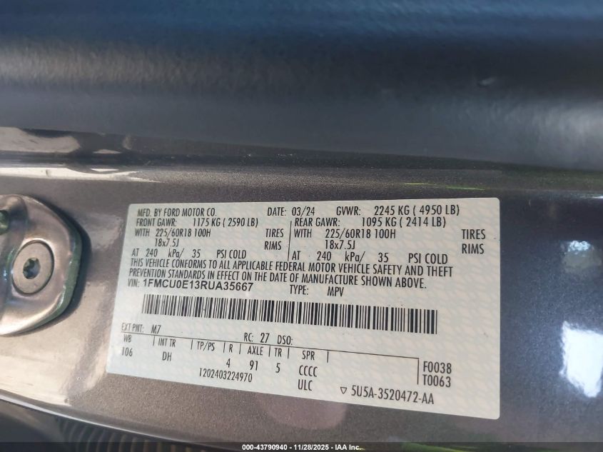 2024 Ford Escape Phev VIN: 1FMCU0E13RUA35667 Lot: 43790940