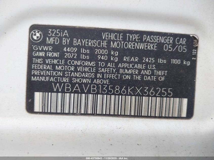 2006 BMW 325I VIN: WBAVB13586KX36255 Lot: 43790943
