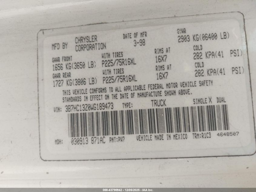 1998 Dodge Ram 1500 St VIN: 3B7HC13Z0WG189473 Lot: 43790942