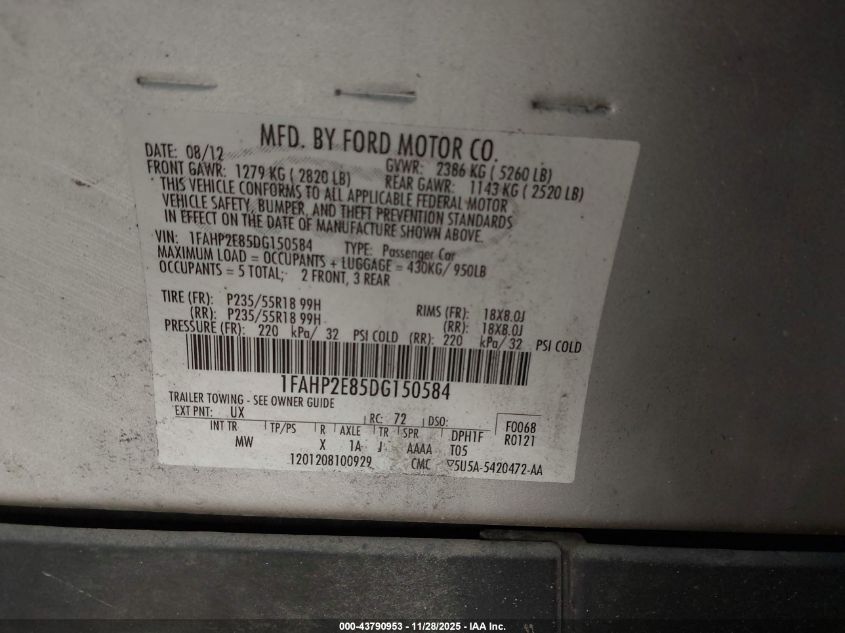 2013 Ford Taurus Sel VIN: 1FAHP2E85DG150584 Lot: 43790953