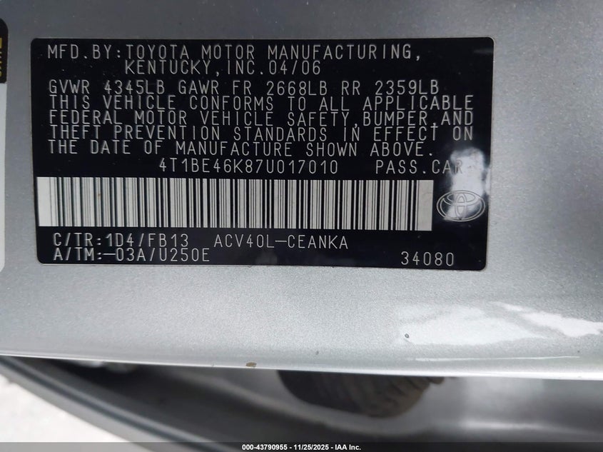 2007 Toyota Camry Le VIN: 4T1BE46K87U017010 Lot: 43790955