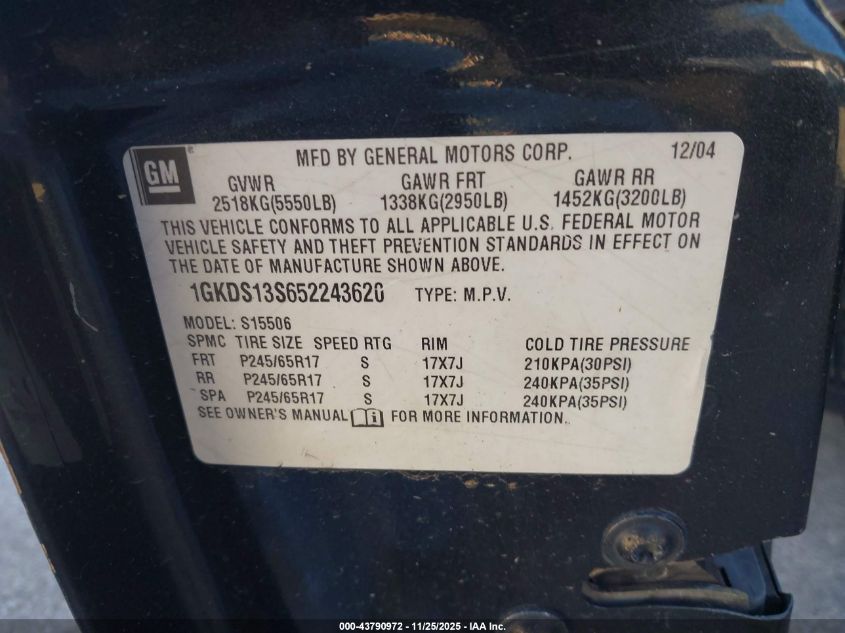2005 GMC Envoy Sle VIN: 1GKDS13S652243620 Lot: 43790972