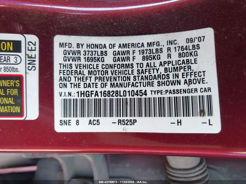 2008 Honda Civic Ex VIN: 1HGFA16828L010454 Lot: 43790973