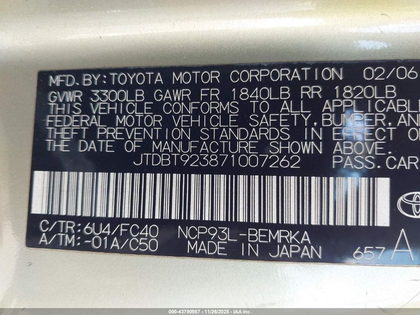 2007 Toyota Yaris VIN: JTDBT923871007262 Lot: 43790987