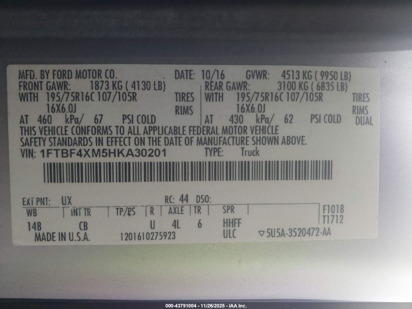 2017 Ford Transit-350 VIN: 1FTBF4XM5HKA30201 Lot: 43791004