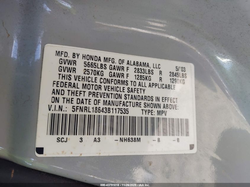 2003 Honda Odyssey Ex VIN: 5FNRL18643B117535 Lot: 43791016