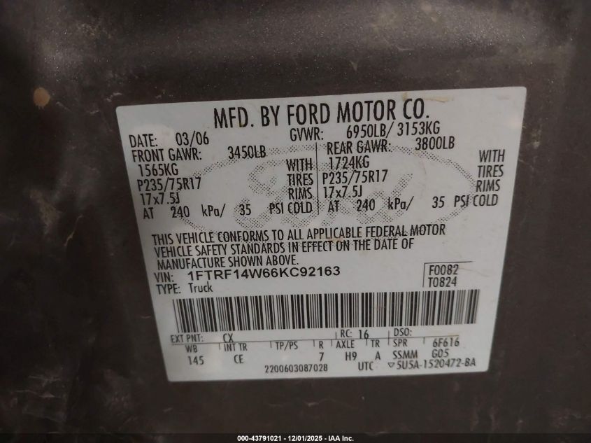 2006 Ford F-150 Stx/Xl/Xlt VIN: 1FTRF14W66KC92163 Lot: 43791021