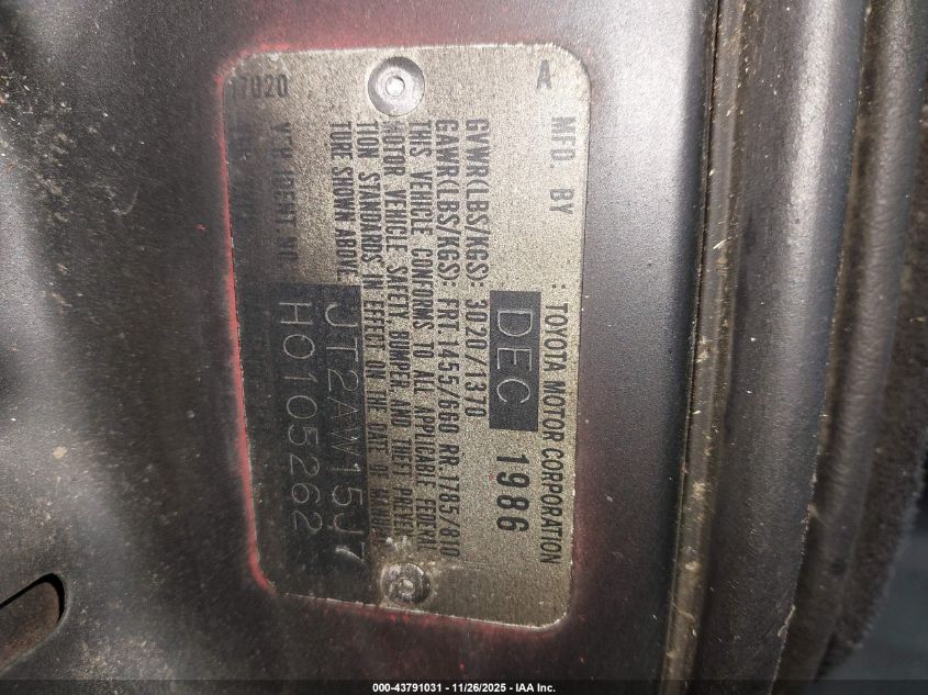 1987 Toyota Mr2 T-Bar VIN: JT2AW15J7H0105262 Lot: 43791031