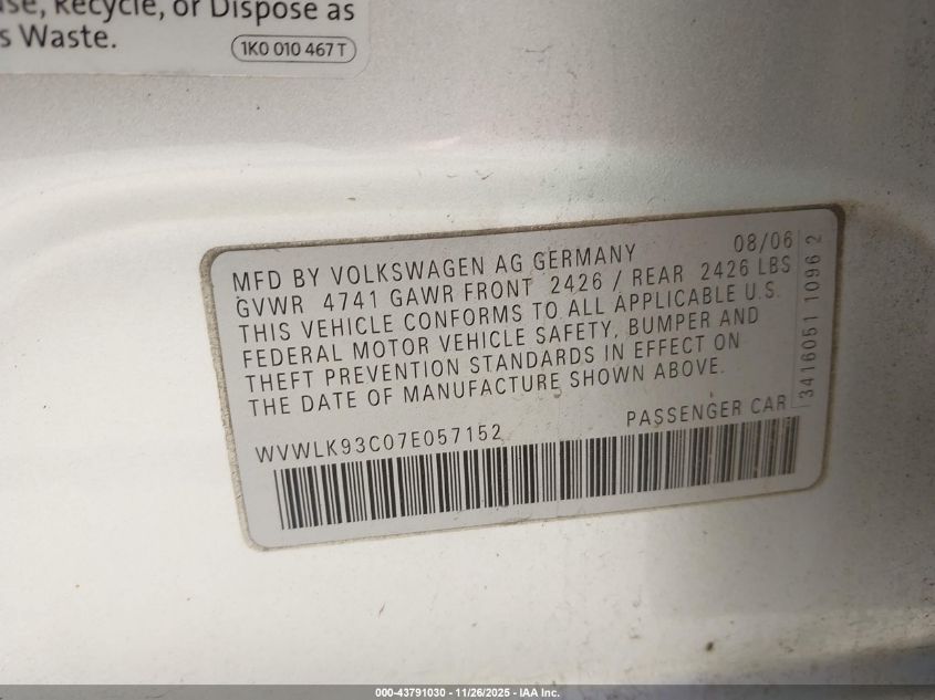 2007 Volkswagen Passat 2.0T VIN: WVWLK93C07E057152 Lot: 43791030