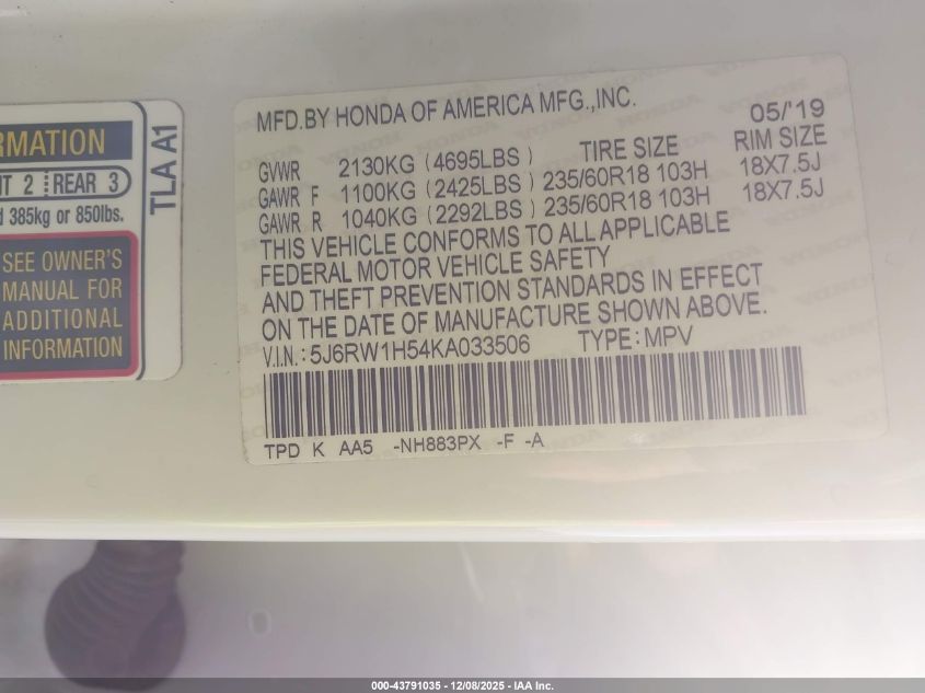 2019 Honda Cr-V Ex VIN: 5J6RW1H54KA033506 Lot: 43791035