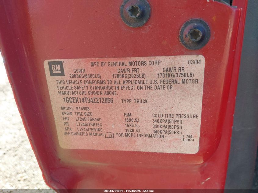 2004 Chevrolet Silverado 1500 Work Truck VIN: 1GCEK14T94Z272056 Lot: 43791051